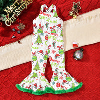 Girls' Christmas Party Dress-up Printed Burr Flared Suspender Pants