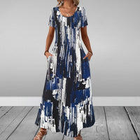 Round-neck Short-sleeve Printed Dress With Patch Pockets