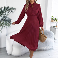 Elegant Lace-Up Lantern-Sleeve Long Pleated Dress