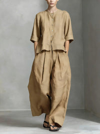 Solid-color Cotton-linen Shirt And Loose-fitting Trousers Two-piece Set
