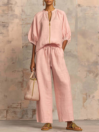Solid-color Casual Loose-fitting Zip-up Sweatshirt And Straight-leg Pants Set