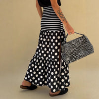 Striped And Polka-dot Long Skirt With A Slit