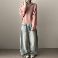 Winter Lapel Pullover Knitting Korean Style Sweater Thick Solid Color And V-neck Sweater