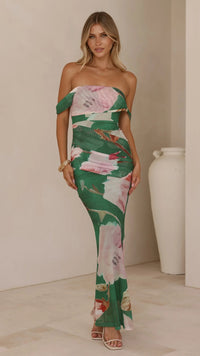 Slim It Printed Off Shoulder Sheath Dress