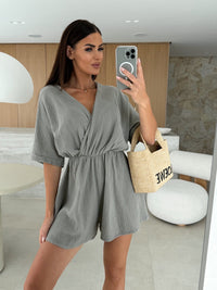 Summer V-neck Fashion Casual Waist Tight Solid Color Jumpsuit For Women