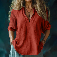 Women's Cotton And Linen V-neck Shirt