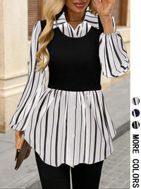 Striped Fake Two-piece Long Sleeve Shirt Women
