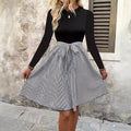 Striped Crew-Neck Long-Sleeve A-Line Skirt Summer New Arrival Lace-Up Elegant Dress