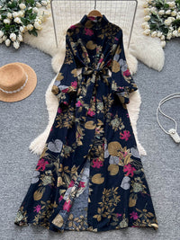 French-style Retro Elegant Single-Breasted Lace-Up Waist Floral Print Dress For Women