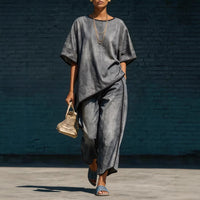 Elegant Casual Denim-Style Loose Wide-Leg Pants Two-Piece Set