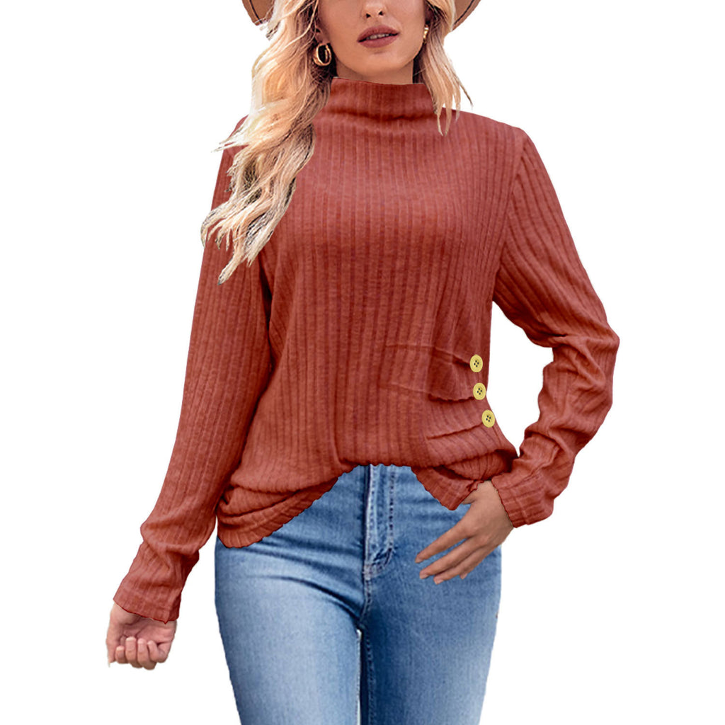 European And American Brushed Sunken Stripe Knitted Turtleneck Side Button Women's Top