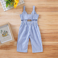 Girl's Blue Striped Bow Overalls
