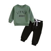 Children's Round Neck Letter Print Top Solid Color Trousers Two-piece Set