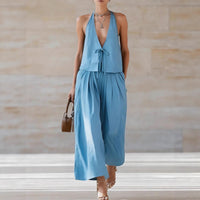 Fashionable Casual Sleeveless Vest And Loose Wide-Leg Pants Womens Set
