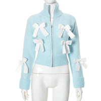 Women's Bow Zipped Stand Collar Long Sleeve Sweater