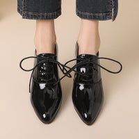 High Heel Lace-up Authentic Leather British Style Pointed Leather Shoes Mid Heel Loafers