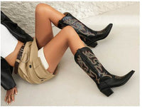 Ancient Chunky Heel Knight Boots Women's Fashionable All-match Embroidered High Boots Women's Shoes