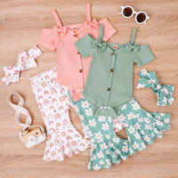 Baby Girl Toddler Summer Bow Suspenders V-neck Short Sleeve Onesie Printed Bell-bottom Pants