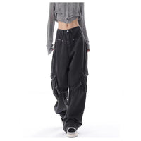 Slimming Large Pocket Design High Waist Straight Wide Leg Jeans
