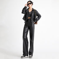 American PU Leather Pants Women's High Waist Slimming Drape Casual Straight Pants