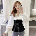 Long Sleeve Cinched Patchwork False Two-piece Suit Shirt