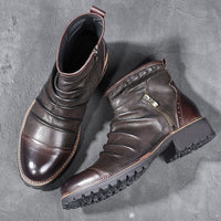 Retro Round Toe PU Leather Side Zipper Martin Chunky Heel Ankle Boots