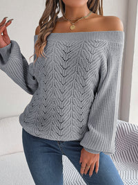 Casual Solid Color Hollow Out Off-Shoulder Lantern Sleeve Sweater