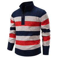 Mens Color-Block Stand-Up Collar Half-Zip Fleece-Lined Thermal Sweater