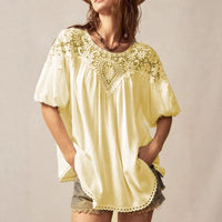 Lace-panelled Round-neck Short-sleeve Loose Womens Blouse