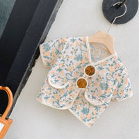 Girls Western Style Retro Hollow Flower Short-sleeved Top And Shorts Two-piece Suit