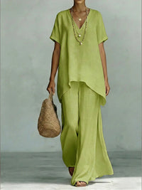 V-neck Short-sleeve Fashionable Loose Top And Wide-leg Pants Set