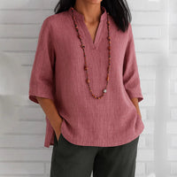Summer Women's Clothing V-neck 34 Sleeves Cotton And Linen Loose Casual Shirt