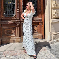 V-Neck Defined Waist Lace-Up Puff Sleeves Polka-Dot Elegant Chic Bodycon Dress