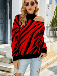Half-high Collar Long Sleeves Tiger Pattern Sweater Off-the-shoulder Sweater