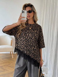 Women's Printed Leopard-Print Patchwork Lace Loose Short-Sleeve Top