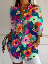 Womens Vibrant Colorful Floral-patterned Long-sleeve Shirt