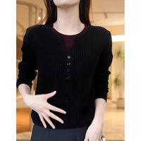 Autumn And Winter New Round Neck Fake Two-piece Knitted Sweaters Women's Warm Padded Top