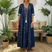 V-neck Loose-fit Printed Star Denim Dress For Women