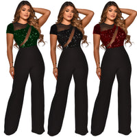 Spliced Gauze Irregular Sequined Short-sleeved Jumpsuit