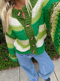 Ladies Striped Thick Needle Button Cardigan Sweater