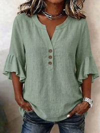 Solid-color V-neck Three-quarter-sleeve Ruffled Casual Cotton-linen Top