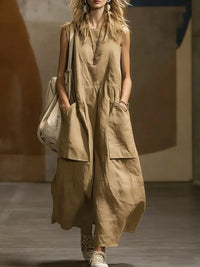 Womens Loose-Fitting Sleeveless Cotton-Linen Dress With Pockets