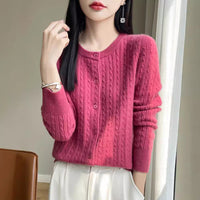 Women's Round Neck Wool Cardigan Twisted Wool Sweater