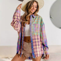 Plaid Color-Block Button-Up Shirt For Women