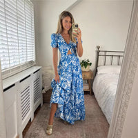Womens Midriff-baring Backless Lace-up Printed Dress