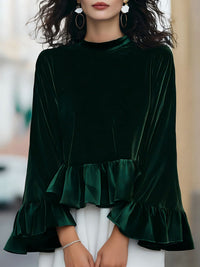 Womens Solid-Color Long-Sleeve Crew-Neck Ruffle-Trim Sweatshirt Top