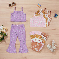 Floral Strap Top Bell-bottom Pants Suit