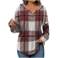 Hooded Pullover V-neck Adjustable Drawstring Casual Plaid Long Sleeve