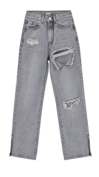 Women's High Waist Sand Gray Straight-leg Denim Trousers