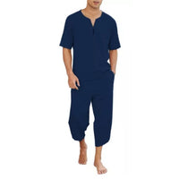 Casual V-neck Short-sleeve Top And Loose Cropped Pants Breathable Cotton-linen Athletic Set